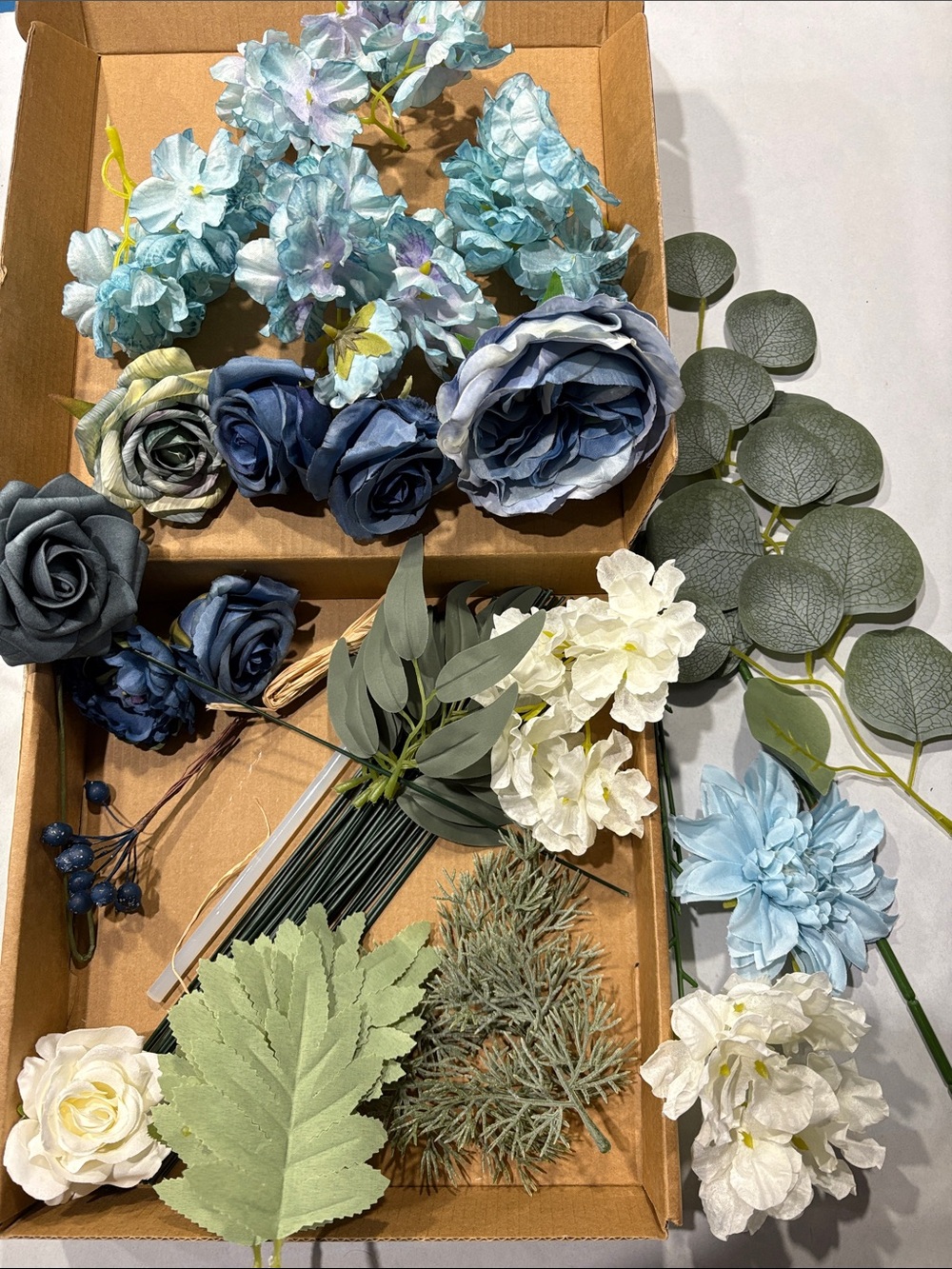 Lings faux Flowers Combo Dusty Blue Mix Silk Flowers Dahlia Roses DIY Wedding